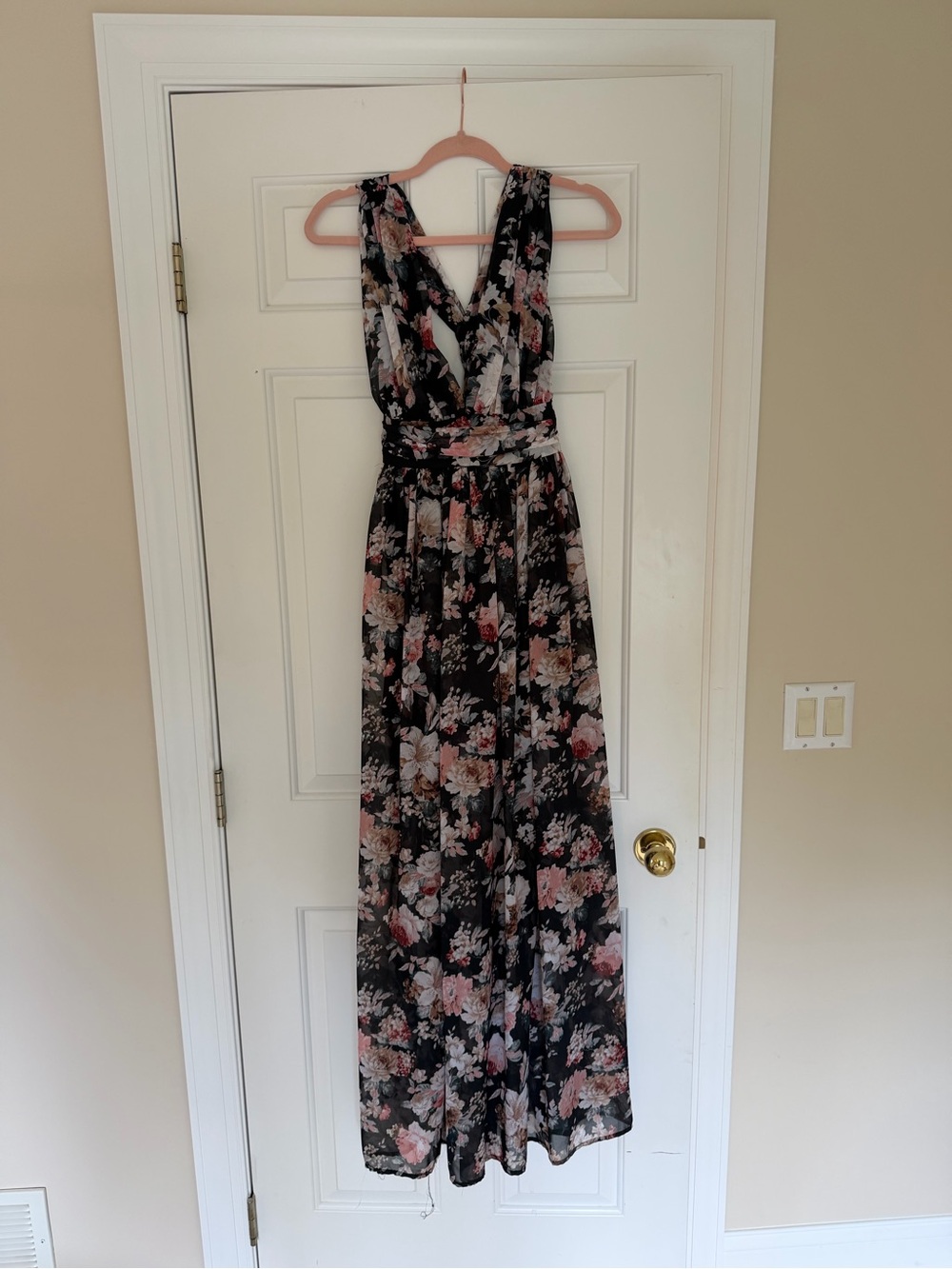 Solemio Black Maxi Dress with Pink & Cream Floral Print
